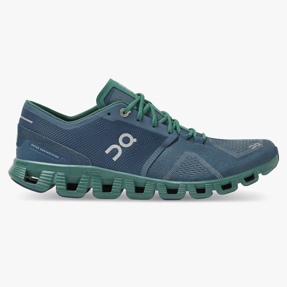 Men\'s On Running Cloud X Road Running Shoes Blue Green | ZJY2541KK